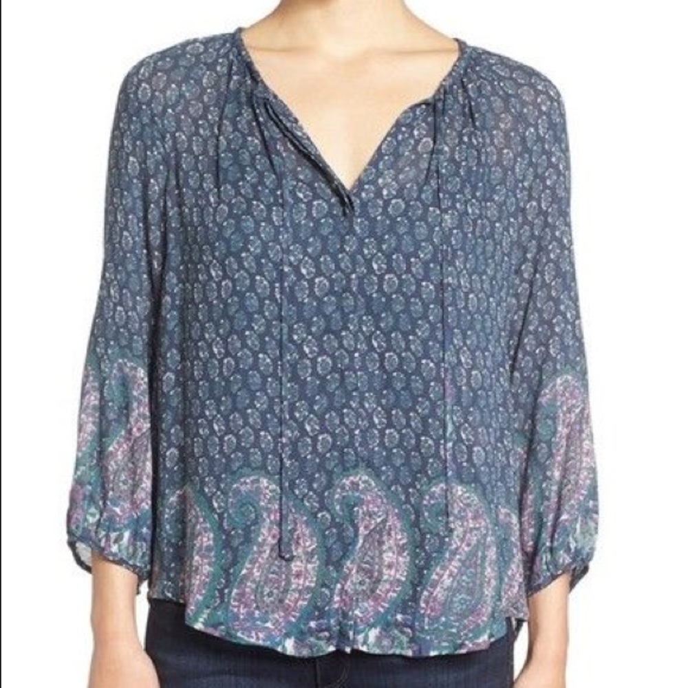 Lucky Brand Paisley Border Split Tie Neck Peasant Blouse Size XS